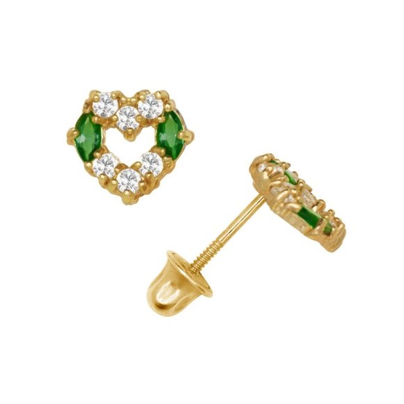 14K Solid Yellow Gold Heart Earrings Set With Cz And Marquise Shape Screw Backs - Picture 5 of 10